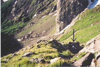 VIEW OF INITIAL LEDGES SECTION BEFORE ROPING UP.  ALAN IS UNDER THE ARROW (WHITE DOT)