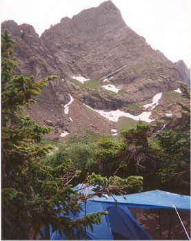 OUR CAMPSITE WITH CRESTONE NEEDLE IN THE BACKGROUND